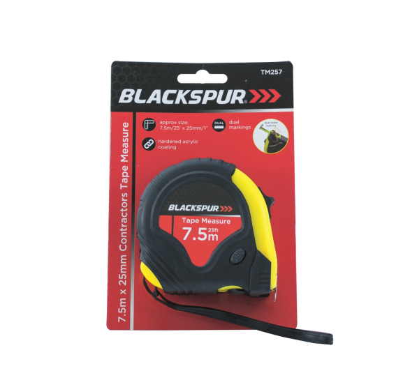 BLACKSPUR 7.5M X 25MM CONTRACTORS DUAL BLADE TAPE MEASURE